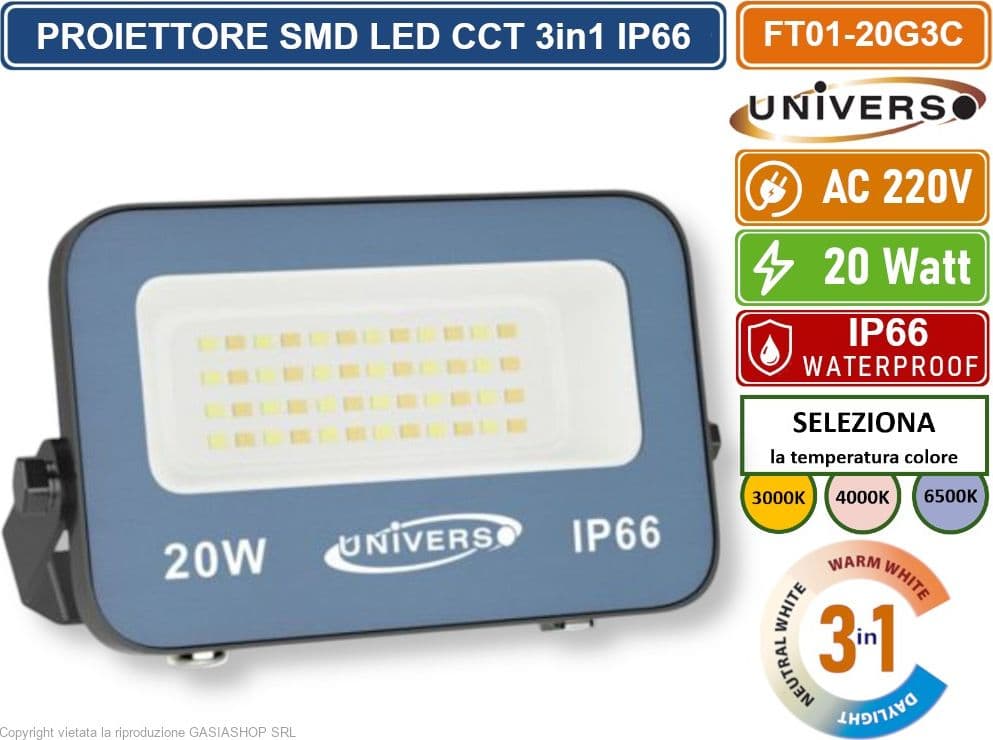 UNIVERSO FT01-20G3C FARO PROIETTORE SMD LED ULTRA SLIM 20W CCT SWITCH TEMPERATURA COLORE SELEZIONABILE IP66 - 2