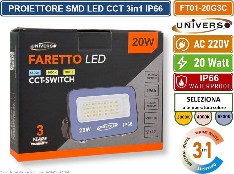 UNIVERSO FT01-20G3C FARO PROIETTORE SMD LED ULTRA SLIM 20W CCT SWITCH TEMPERATURA COLORE SELEZIONABILE IP66 - 3
