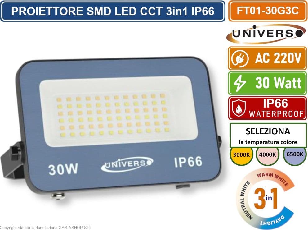 UNIVERSO FT01-30G3C FARO PROIETTORE SMD LED ULTRA SLIM 30W CCT SWITCH TEMPERATURA COLORE SELEZIONABILE IP66 - 2