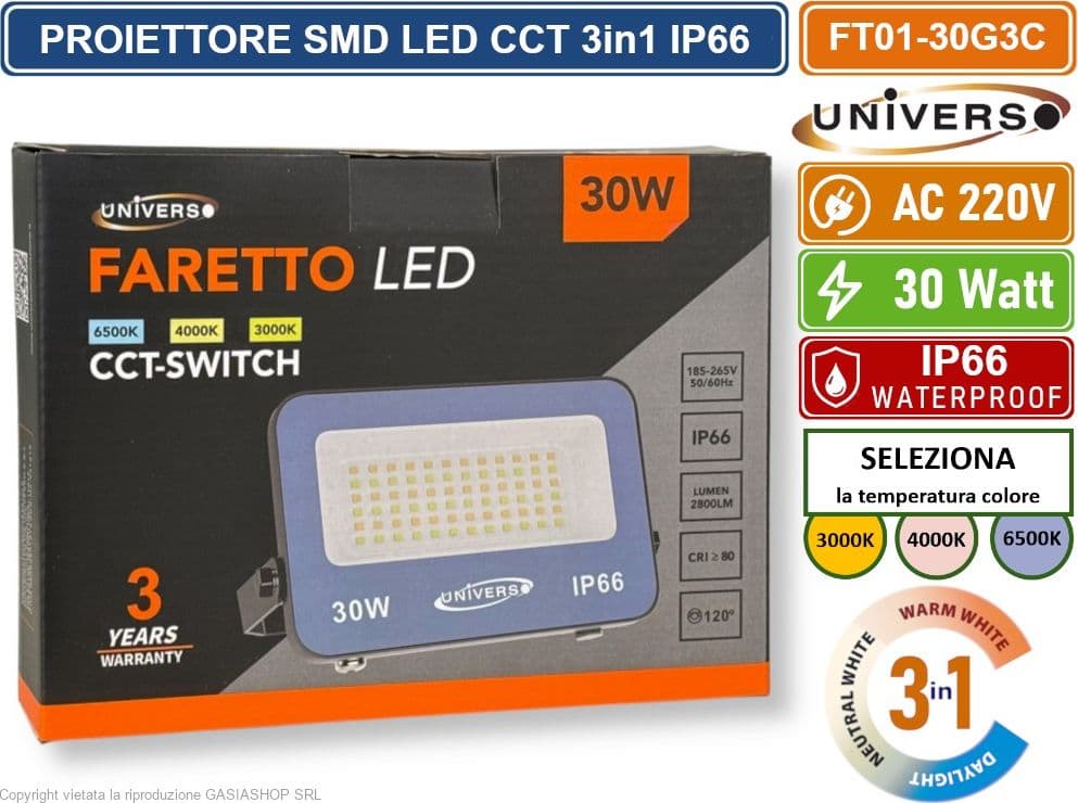 UNIVERSO FT01-30G3C FARO PROIETTORE SMD LED ULTRA SLIM 30W CCT SWITCH TEMPERATURA COLORE SELEZIONABILE IP66 - 3
