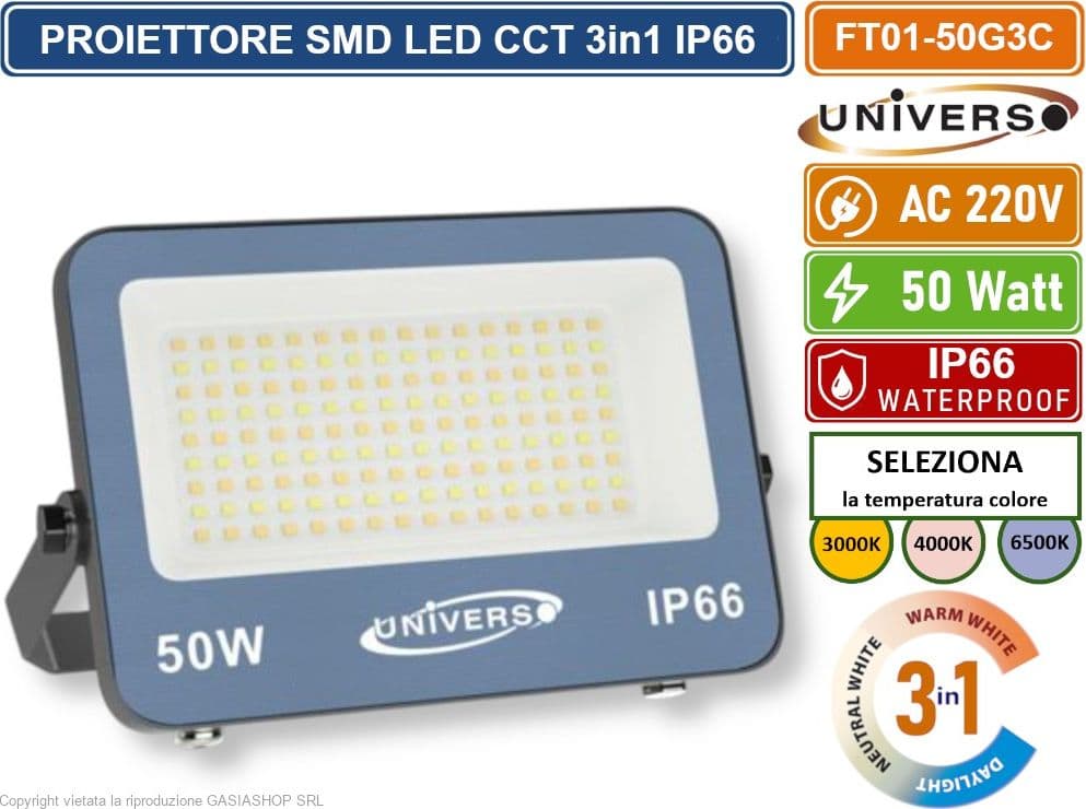 UNIVERSO FT01-50G3C FARO PROIETTORE SMD LED ULTRA SLIM 50W CCT SWITCH TEMPERATURA COLORE SELEZIONABILE IP66 - 2
