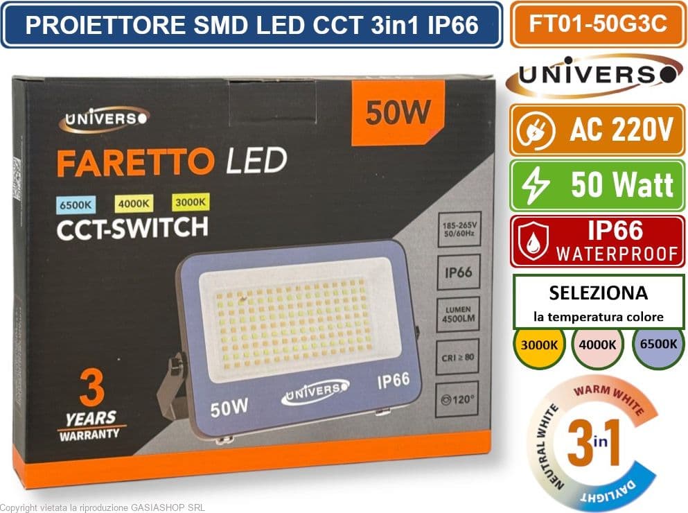 UNIVERSO FT01-50G3C FARO PROIETTORE SMD LED ULTRA SLIM 50W CCT SWITCH TEMPERATURA COLORE SELEZIONABILE IP66 - 3