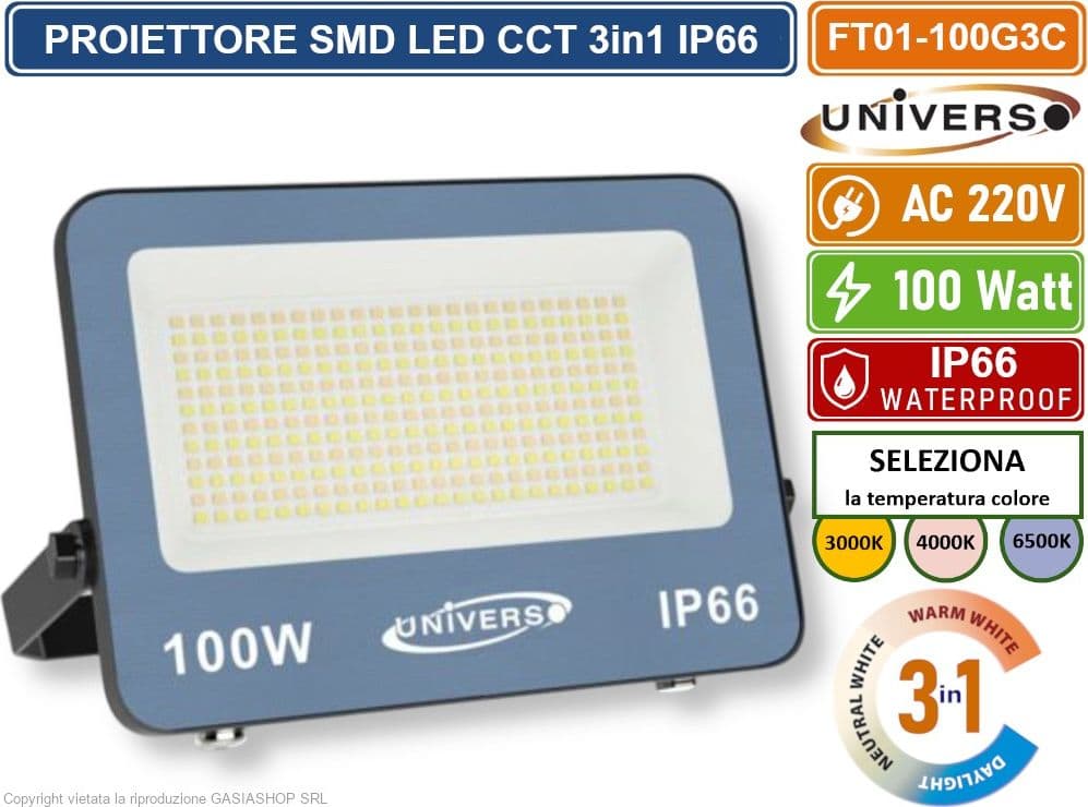 UNIVERSO FT01-100G3C FARO PROIETTORE SMD LED ULTRA SLIM 100W CCT SWITCH TEMPERATURA COLORE SELEZIONABILE IP66 - 2