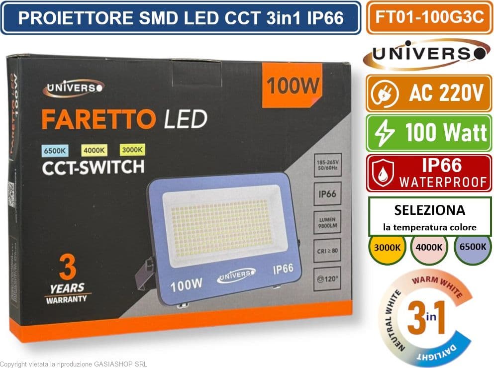 UNIVERSO FT01-100G3C FARO PROIETTORE SMD LED ULTRA SLIM 100W CCT SWITCH TEMPERATURA COLORE SELEZIONABILE IP66 - 3