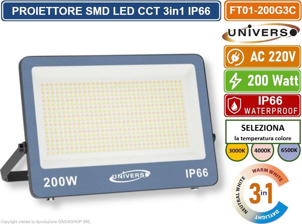 UNIVERSO FT01-200G3C FARO PROIETTORE SMD LED ULTRA SLIM 200W CCT SWITCH TEMPERATURA COLORE SELEZIONABILE IP66 - 2