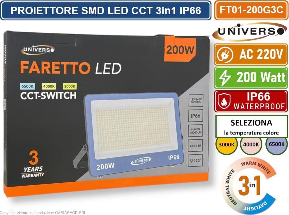 UNIVERSO FT01-200G3C FARO PROIETTORE SMD LED ULTRA SLIM 200W CCT SWITCH TEMPERATURA COLORE SELEZIONABILE IP66 - 3