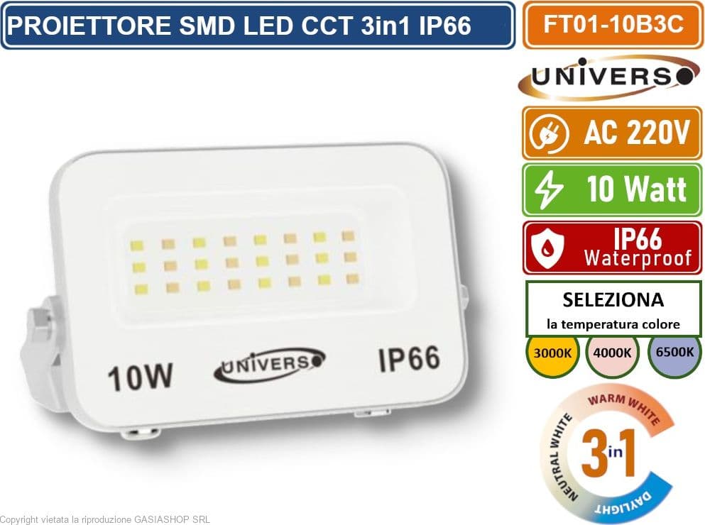 UNIVERSO FT01-10B3C FARO PROIETTORE SMD LED ULTRA SLIM 10W CCT SWITCH TEMPERATURA COLORE SELEZIONABILE IP66 - 2