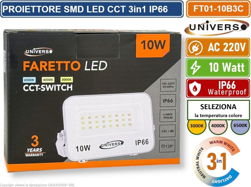 UNIVERSO FT01-10B3C FARO PROIETTORE SMD LED ULTRA SLIM 10W CCT SWITCH TEMPERATURA COLORE SELEZIONABILE IP66 - 3