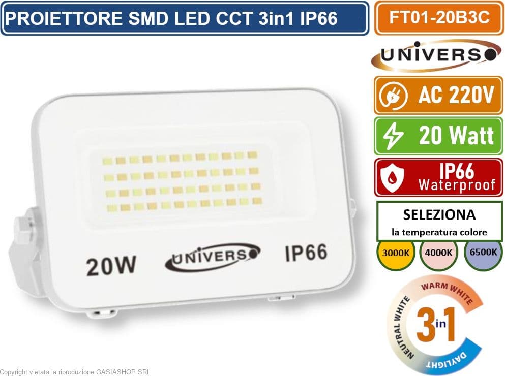 UNIVERSO FT01-20B3C FARO PROIETTORE SMD LED ULTRA SLIM 20W CCT SWITCH TEMPERATURA COLORE SELEZIONABILE IP66 - 2