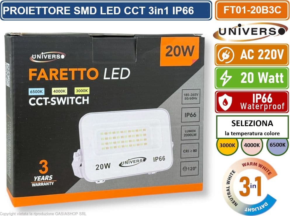 UNIVERSO FT01-20B3C FARO PROIETTORE SMD LED ULTRA SLIM 20W CCT SWITCH TEMPERATURA COLORE SELEZIONABILE IP66 - 3