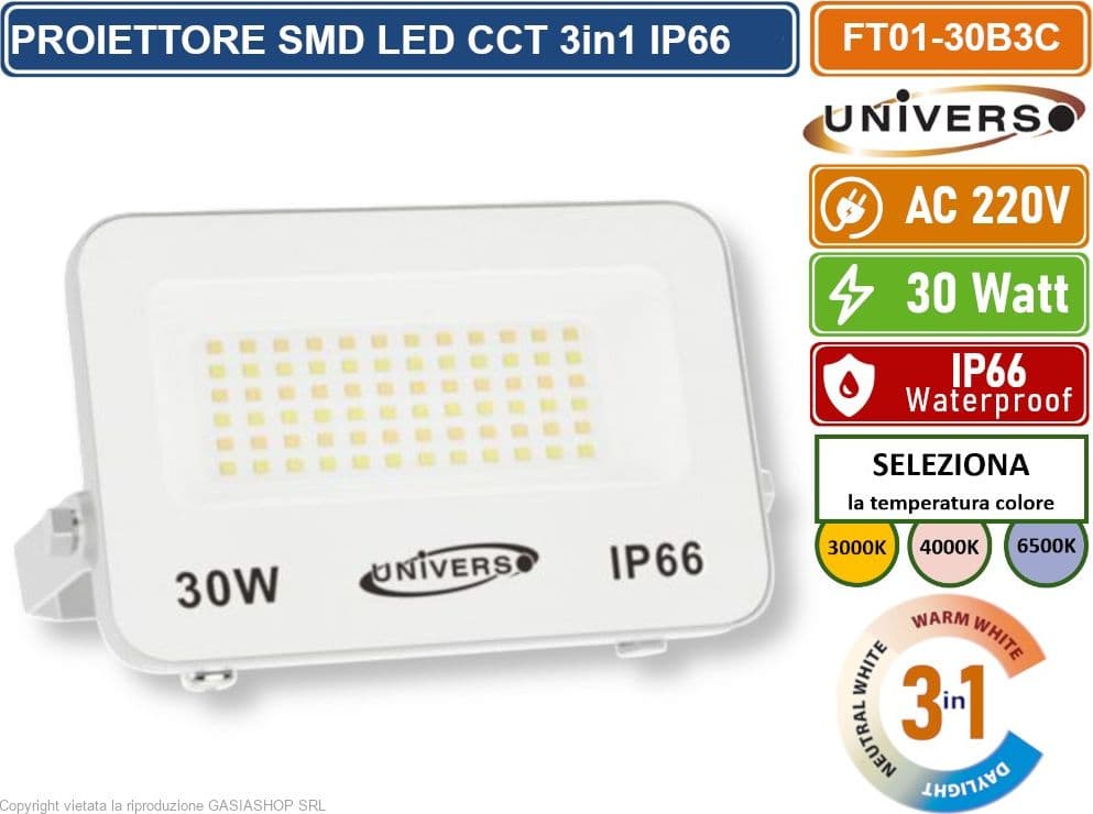 UNIVERSO FT01-30B3C FARO PROIETTORE SMD LED ULTRA SLIM 30W CCT SWITCH TEMPERATURA COLORE SELEZIONABILE IP66 - 2