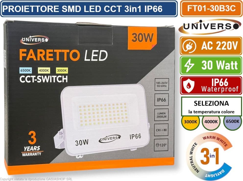 UNIVERSO FT01-30B3C FARO PROIETTORE SMD LED ULTRA SLIM 30W CCT SWITCH TEMPERATURA COLORE SELEZIONABILE IP66 - 3