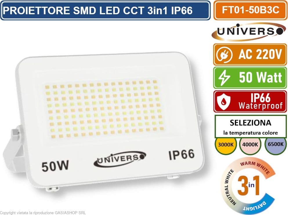 UNIVERSO FT01-50B3C FARO PROIETTORE SMD LED ULTRA SLIM 50W CCT SWITCH TEMPERATURA COLORE SELEZIONABILE IP66 - 2