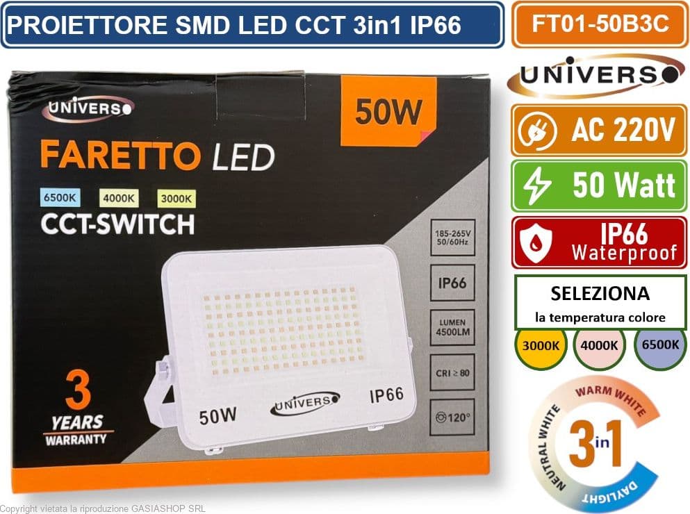 UNIVERSO FT01-50B3C FARO PROIETTORE SMD LED ULTRA SLIM 50W CCT SWITCH TEMPERATURA COLORE SELEZIONABILE IP66 - 3