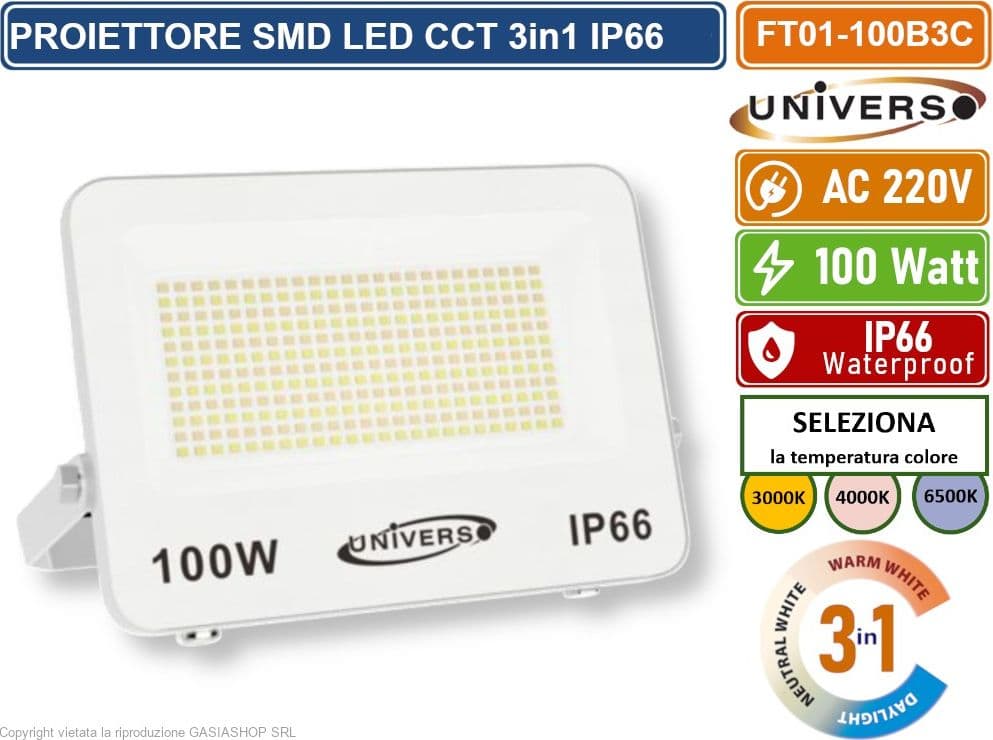 UNIVERSO FT01-100B3C FARO PROIETTORE SMD LED ULTRA SLIM 100W CCT SWITCH TEMPERATURA COLORE SELEZIONABILE IP66 - 2