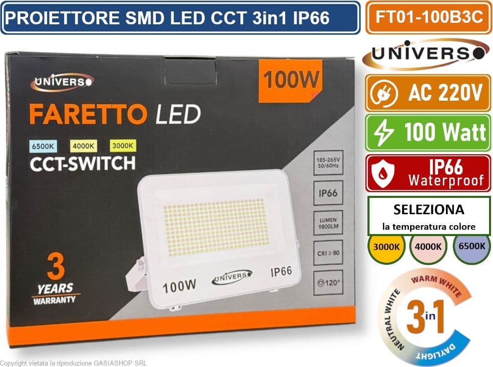 UNIVERSO FT01-100B3C FARO PROIETTORE SMD LED ULTRA SLIM 100W CCT SWITCH TEMPERATURA COLORE SELEZIONABILE IP66 - 3