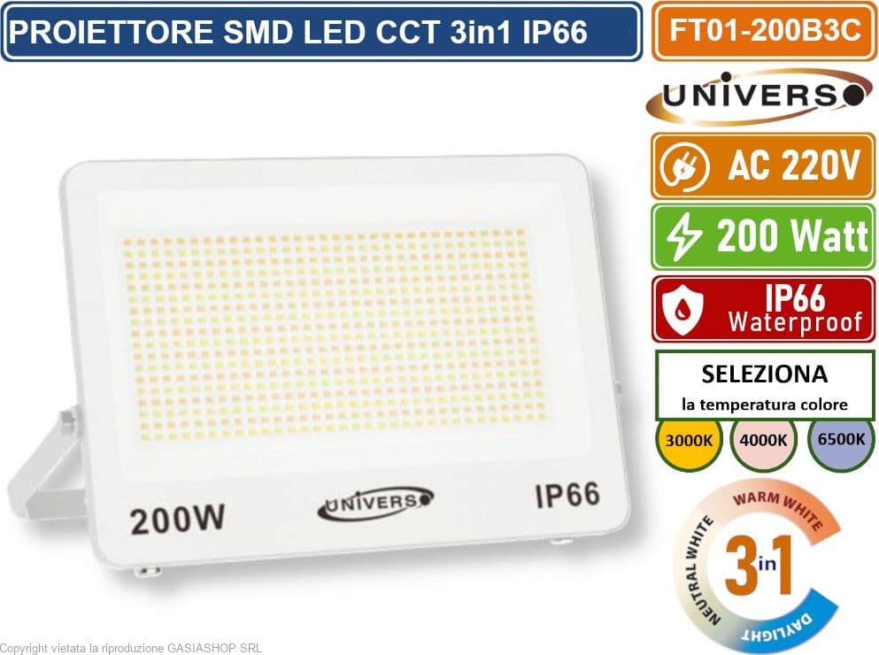 UNIVERSO FT01-200B3C FARO PROIETTORE SMD LED ULTRA SLIM 200W CCT SWITCH TEMPERATURA COLORE SELEZIONABILE IP66 - 2