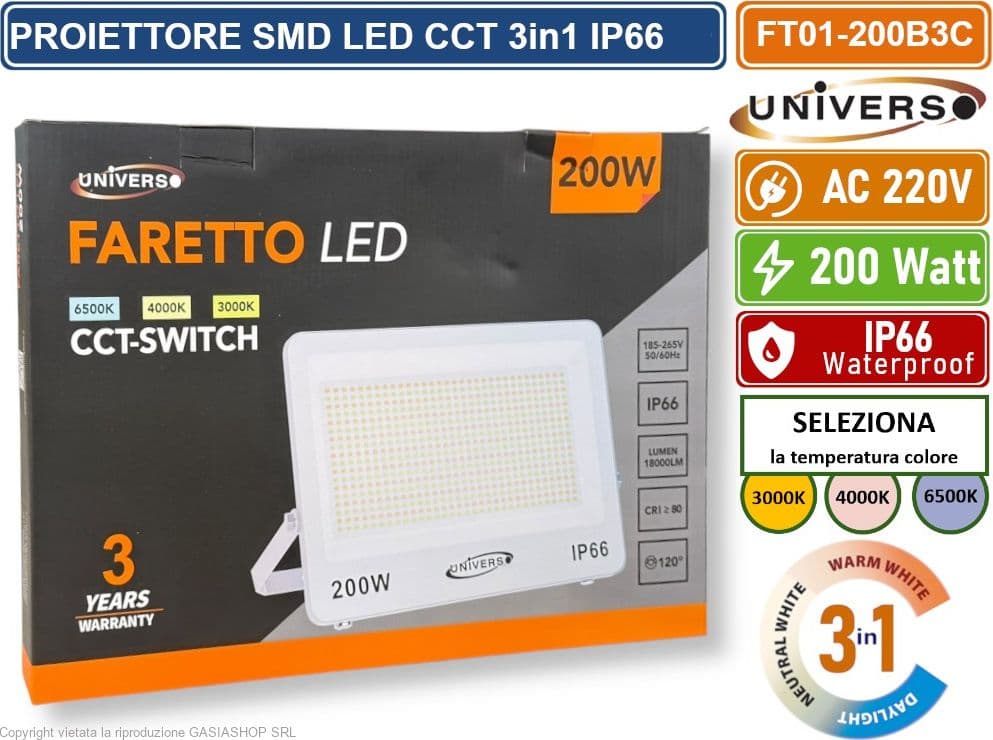 UNIVERSO FT01-200B3C FARO PROIETTORE SMD LED ULTRA SLIM 200W CCT SWITCH TEMPERATURA COLORE SELEZIONABILE IP66 - 3