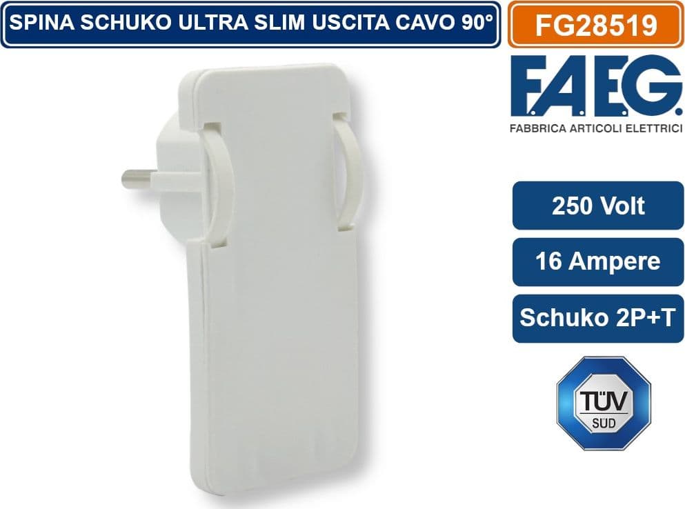 FAEG FG28519 SPINA SCHUKO SALVASPAZIO  2P+T 250V 16A SUPER PIATTA USCITA CAVO 90° - 2