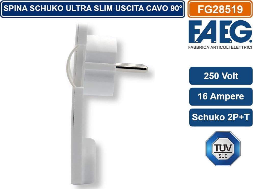 FAEG FG28519 SPINA SCHUKO SALVASPAZIO  2P+T 250V 16A SUPER PIATTA USCITA CAVO 90° - 3