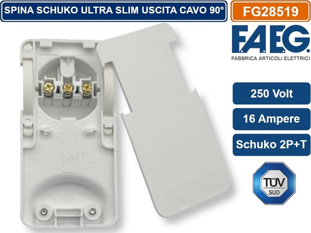 FAEG FG28519 SPINA SCHUKO SALVASPAZIO  2P+T 250V 16A SUPER PIATTA USCITA CAVO 90° - 4