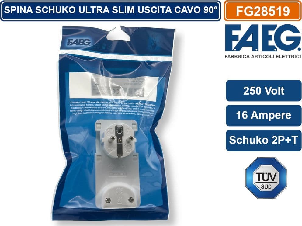 FAEG FG28519 SPINA SCHUKO SALVASPAZIO  2P+T 250V 16A SUPER PIATTA USCITA CAVO 90° - 5