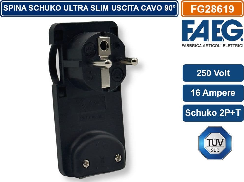 FAEG FG28619 SPINA SCHUKO SALVASPAZIO  2P+T 250V 16A SUPER PIATTA USCITA CAVO 90°