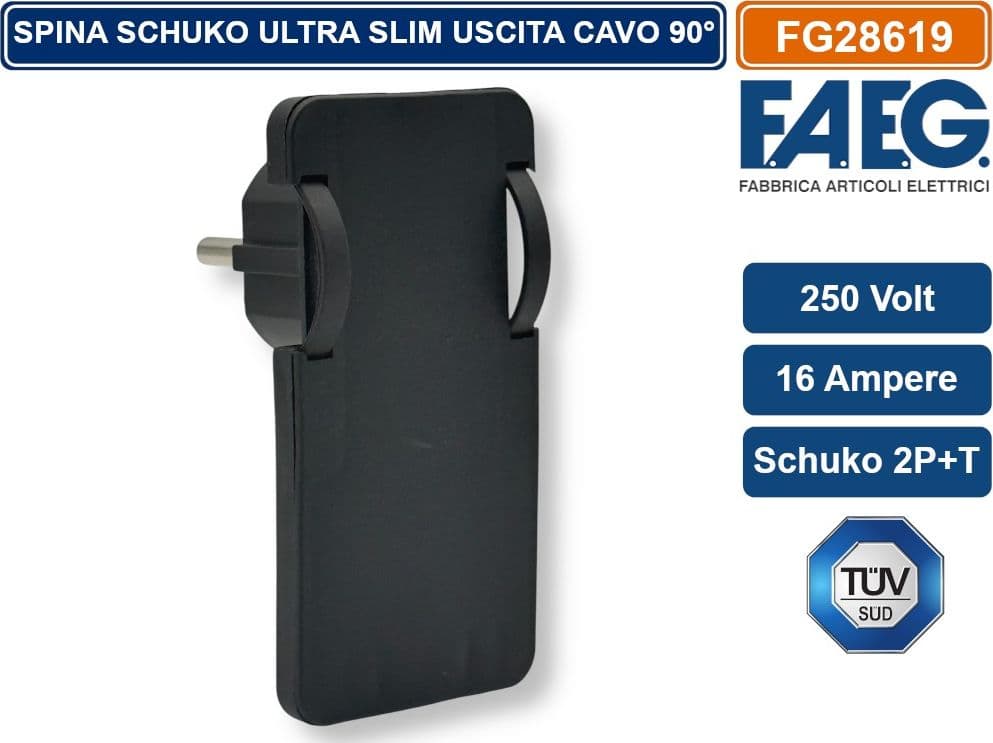 FAEG FG28619 SPINA SCHUKO SALVASPAZIO  2P+T 250V 16A SUPER PIATTA USCITA CAVO 90° - 2