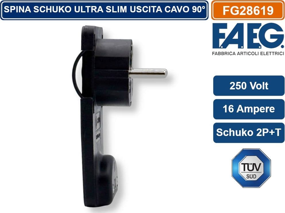 FAEG FG28619 SPINA SCHUKO SALVASPAZIO  2P+T 250V 16A SUPER PIATTA USCITA CAVO 90° - 3