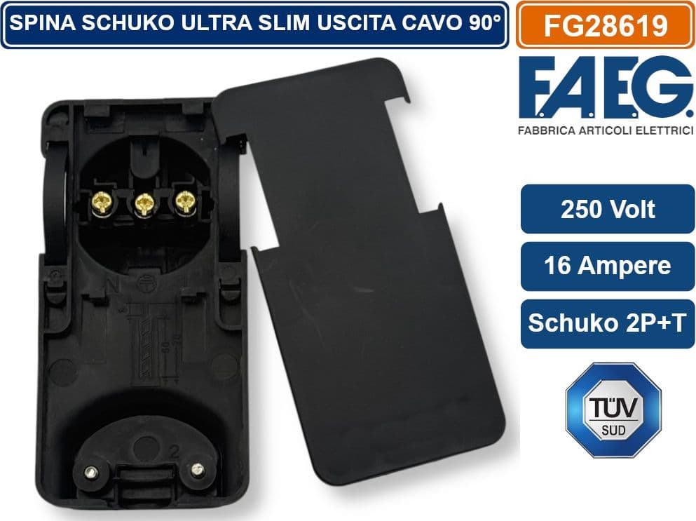 FAEG FG28619 SPINA SCHUKO SALVASPAZIO  2P+T 250V 16A SUPER PIATTA USCITA CAVO 90° - 4