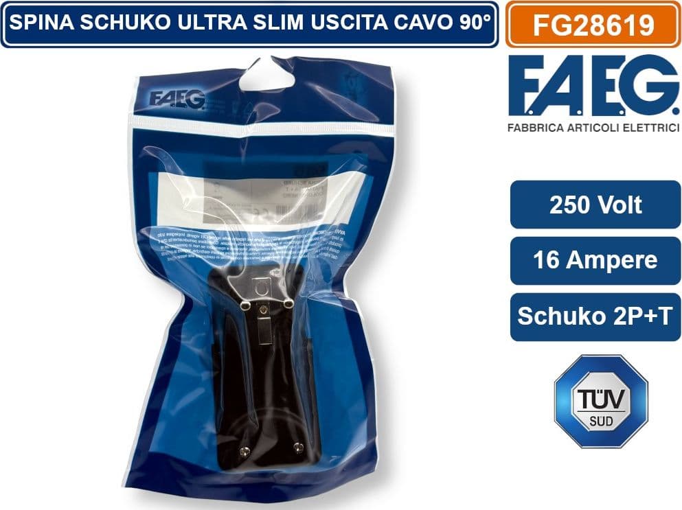 FAEG FG28619 SPINA SCHUKO SALVASPAZIO  2P+T 250V 16A SUPER PIATTA USCITA CAVO 90° - 5