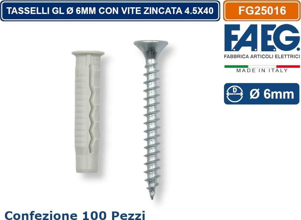 CONFEZIONE 100 PEZZI TASSELLI AD ESPENSIONE GL A QUATTRO SEZIONI Ø6X30MM CON VITE TRUCIOLARE ZINCATA 4.5X40MM - 2
