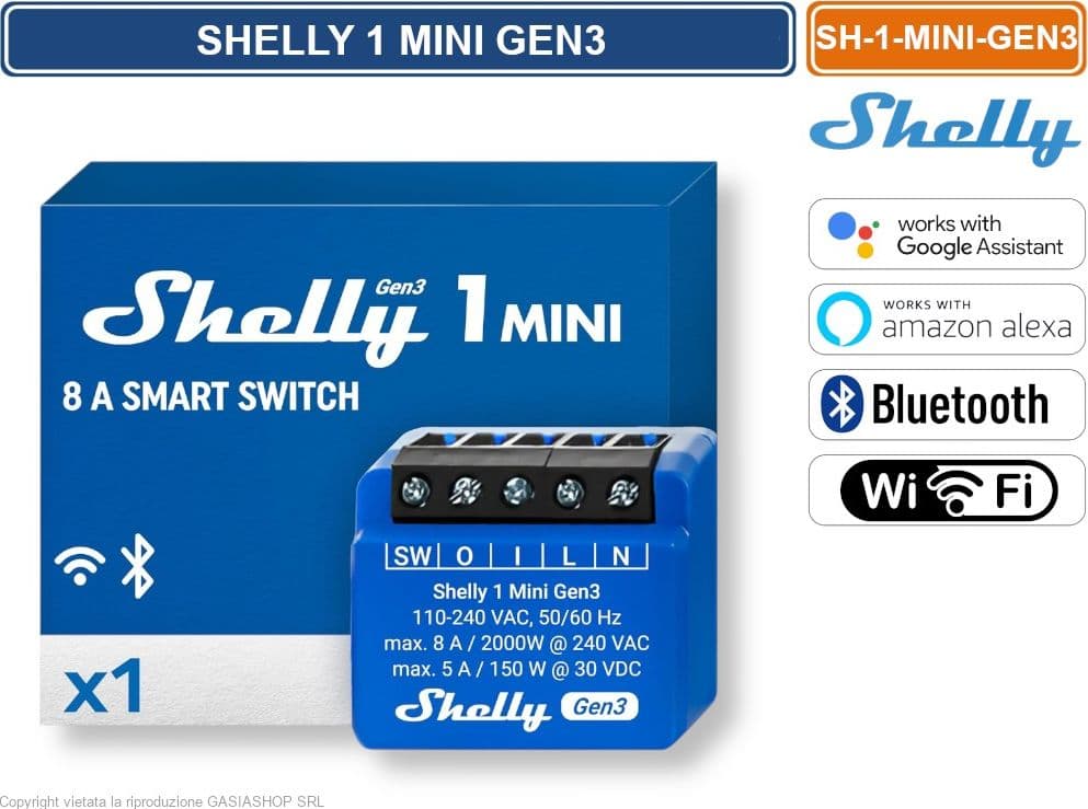 SHELLY 1 MINI GEN3 – INTERRUTTORE SMART WI-FI CON CONTATTI A POTENZIALE LIBERO, BLUETOOTH E INTEGRAZIONE ALEXA/GOOGLE