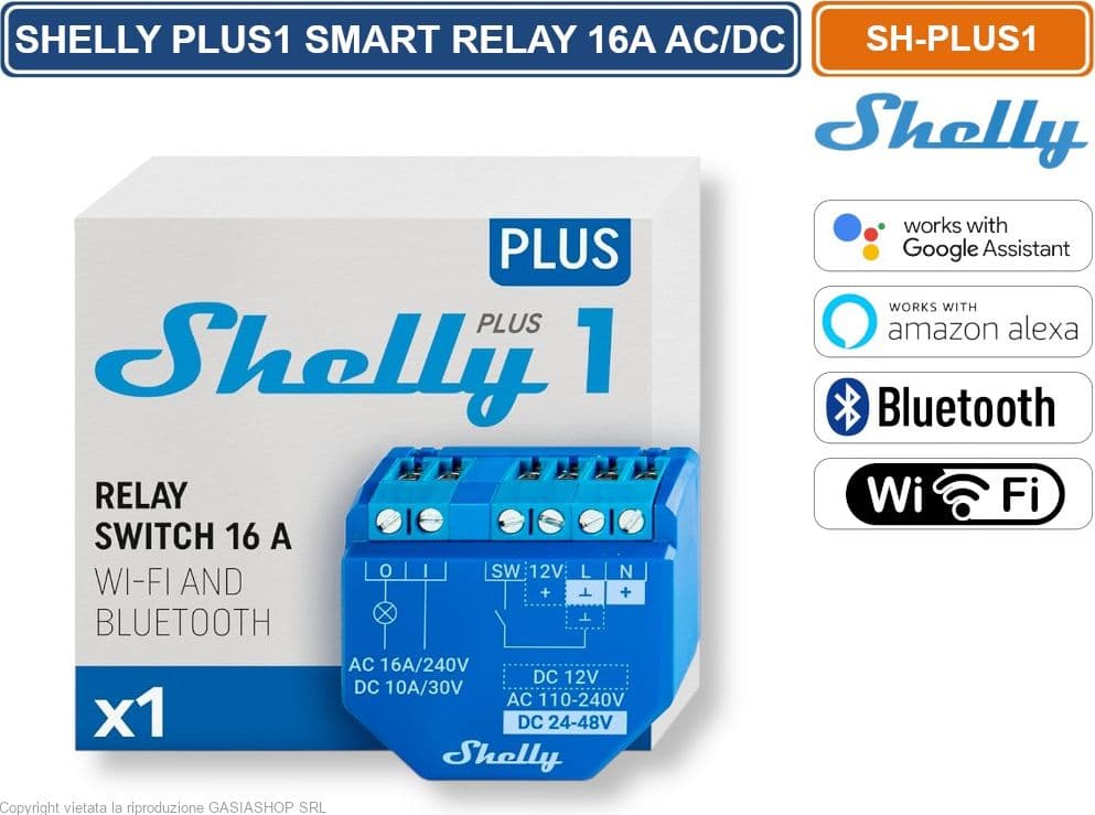 INTERRUTTORE SMART WI-FI SHELLY PLUS 1 CON CONTATTI A POTENZIALE LIBERO – CONTROLLO REMOTO VIA APP, ALEXA E GOOGLE HOME
