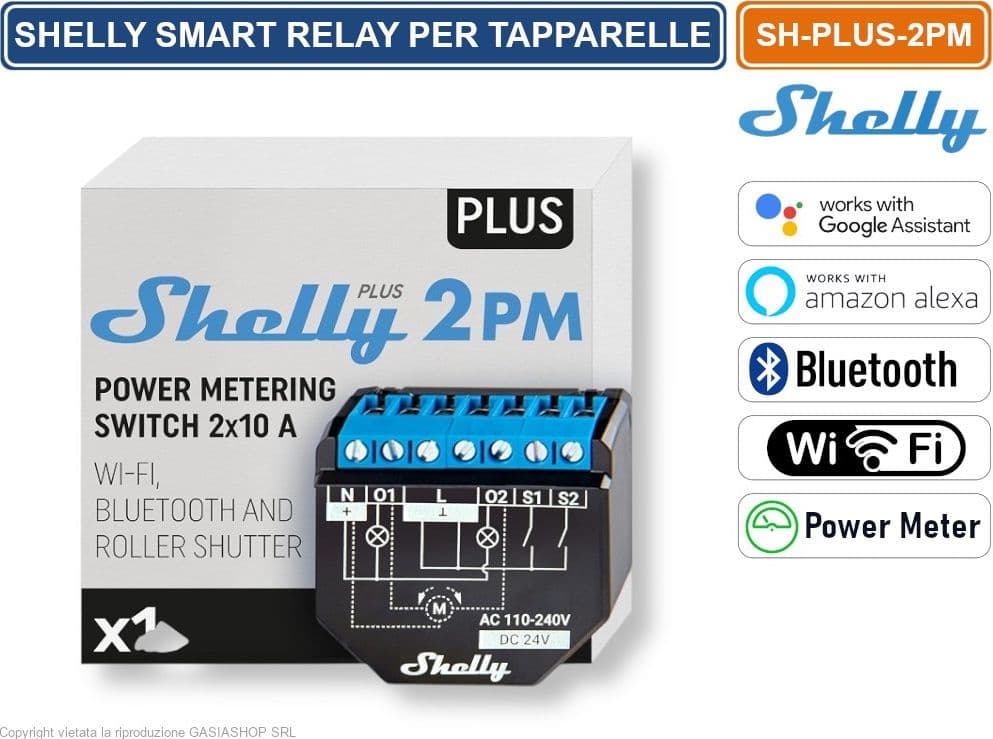 SHELLY PLUS 2PM – RELÈ SMART WI-FI 2 CANALI CON CONTROLLO TAPPARELLE E MISURAZIONE POTENZA 16A AC/DC