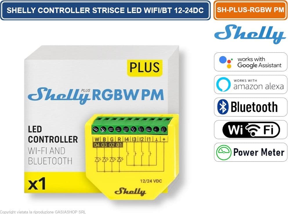 SHELLY PLUS RGBW PM - CONTROLLER WI-FI/BLUETOOTH PER STRISCE LED RGBW CON MISURAZIONE POTENZA 12-24V DC