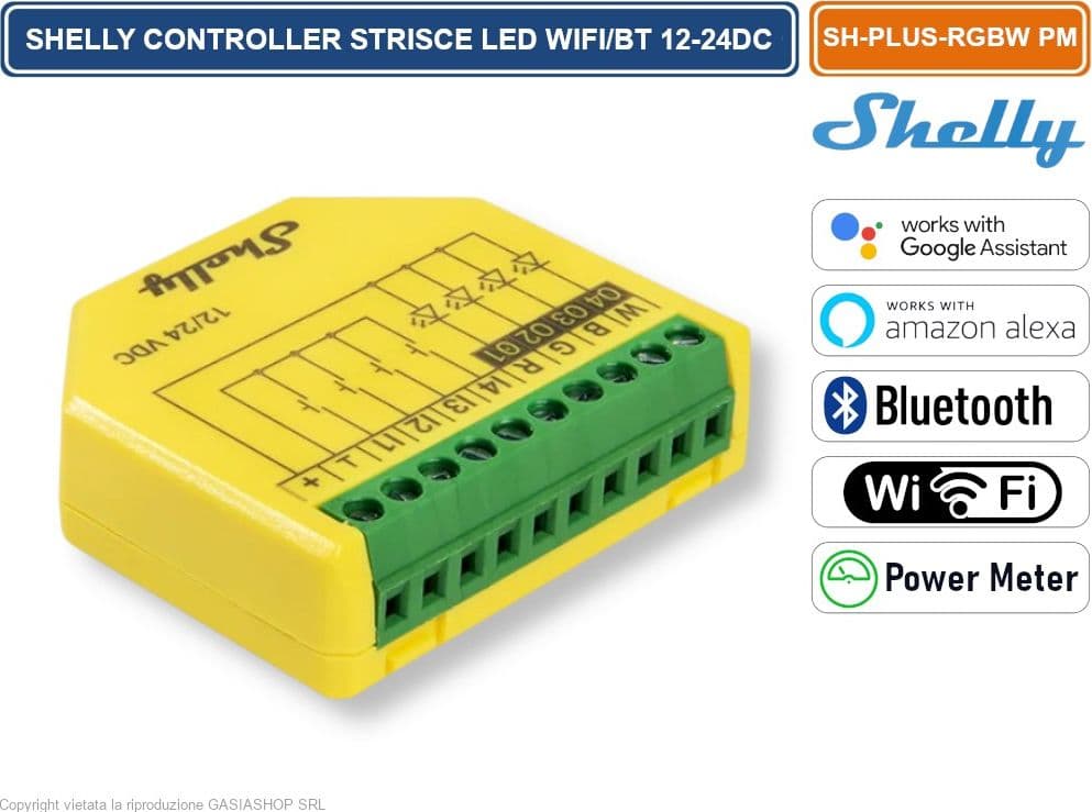 SHELLY PLUS RGBW PM - CONTROLLER WI-FI/BLUETOOTH PER STRISCE LED RGBW CON MISURAZIONE POTENZA 12-24V DC - 2