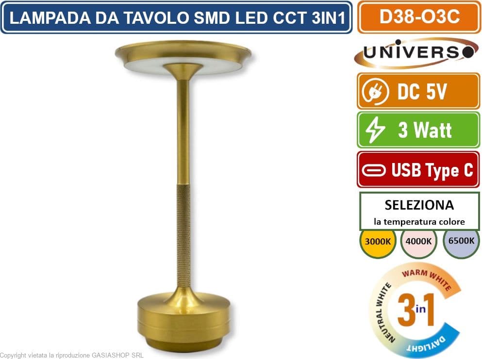 UNIVERSO D38-O3C LAMPADA DA TAVOLO 3W PORTABILE CON RICARICA USB CCT SELEZIONE COLORE LUCE - 2