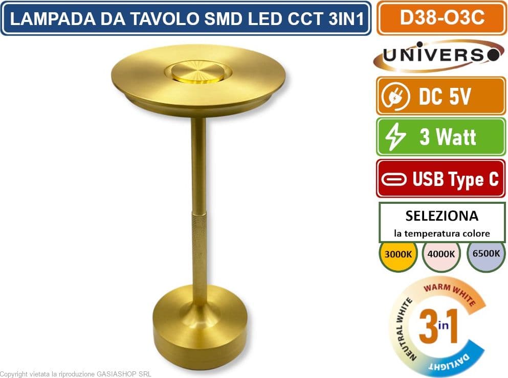 UNIVERSO D38-O3C LAMPADA DA TAVOLO 3W PORTABILE CON RICARICA USB CCT SELEZIONE COLORE LUCE - 4