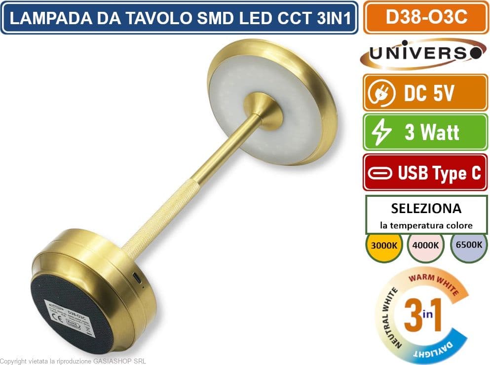 UNIVERSO D38-O3C LAMPADA DA TAVOLO 3W PORTABILE CON RICARICA USB CCT SELEZIONE COLORE LUCE - 5