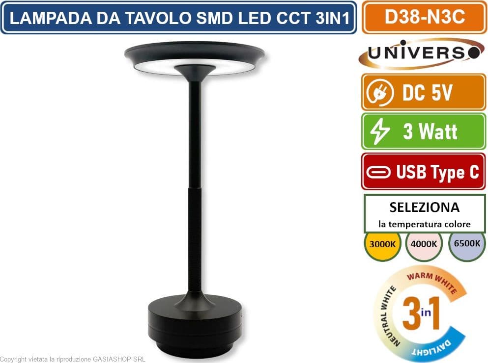 UNIVERSO D38-N3C LAMPADA DA TAVOLO 3W PORTABILE CON RICARICA USB CCT SELEZIONE COLORE LUCE - 2