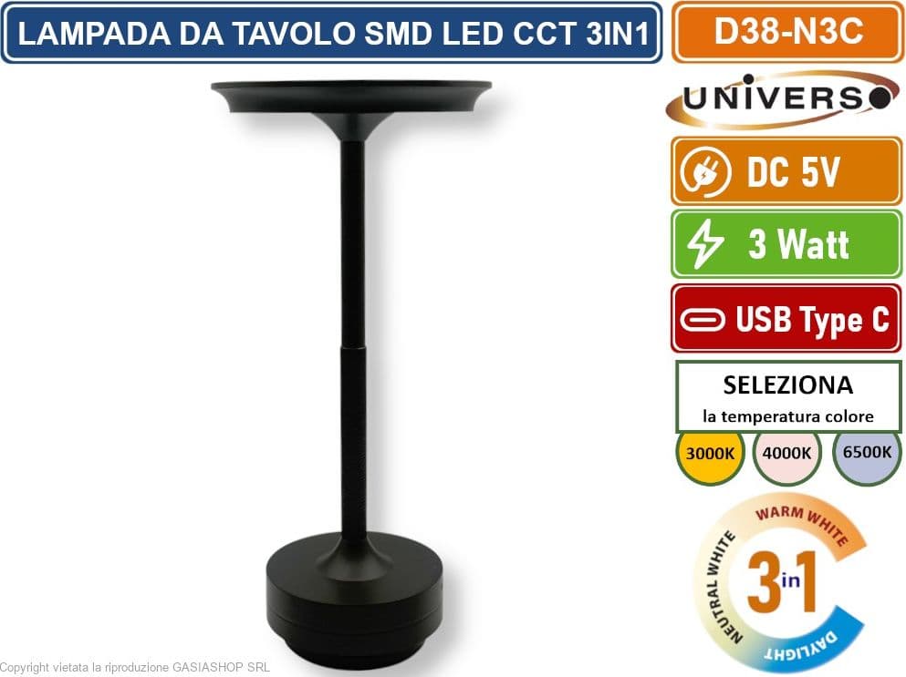 UNIVERSO D38-N3C LAMPADA DA TAVOLO 3W PORTABILE CON RICARICA USB CCT SELEZIONE COLORE LUCE - 3