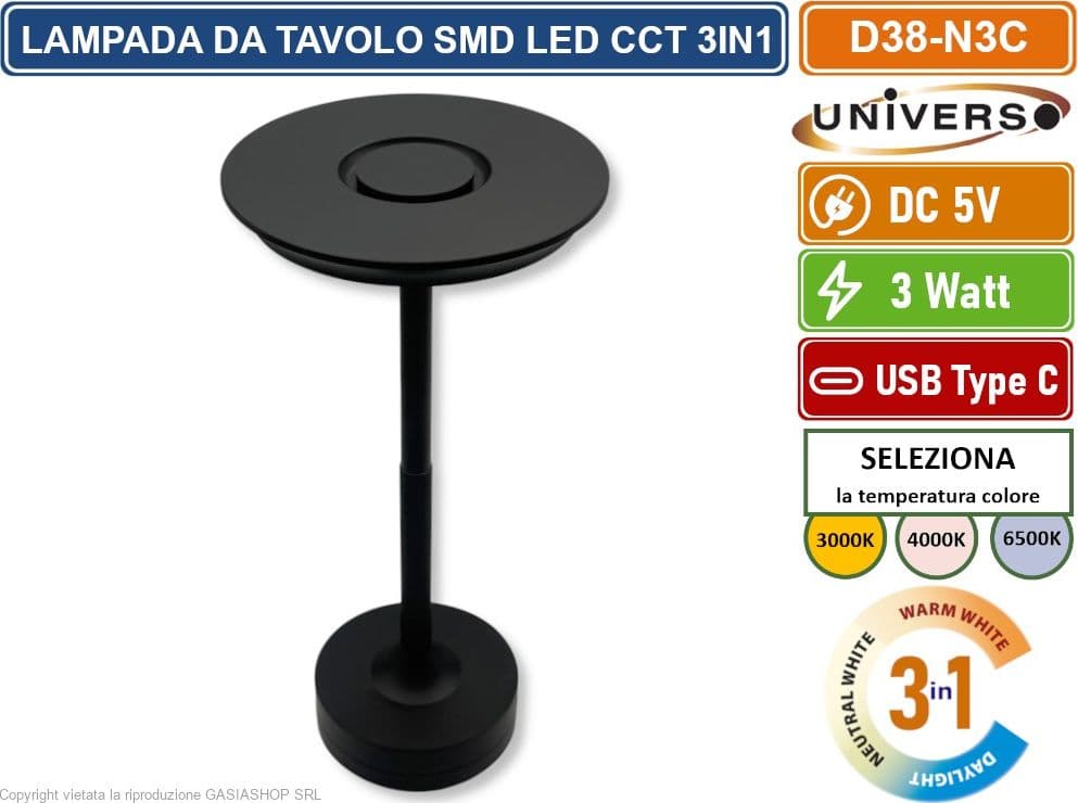 UNIVERSO D38-N3C LAMPADA DA TAVOLO 3W PORTABILE CON RICARICA USB CCT SELEZIONE COLORE LUCE - 4