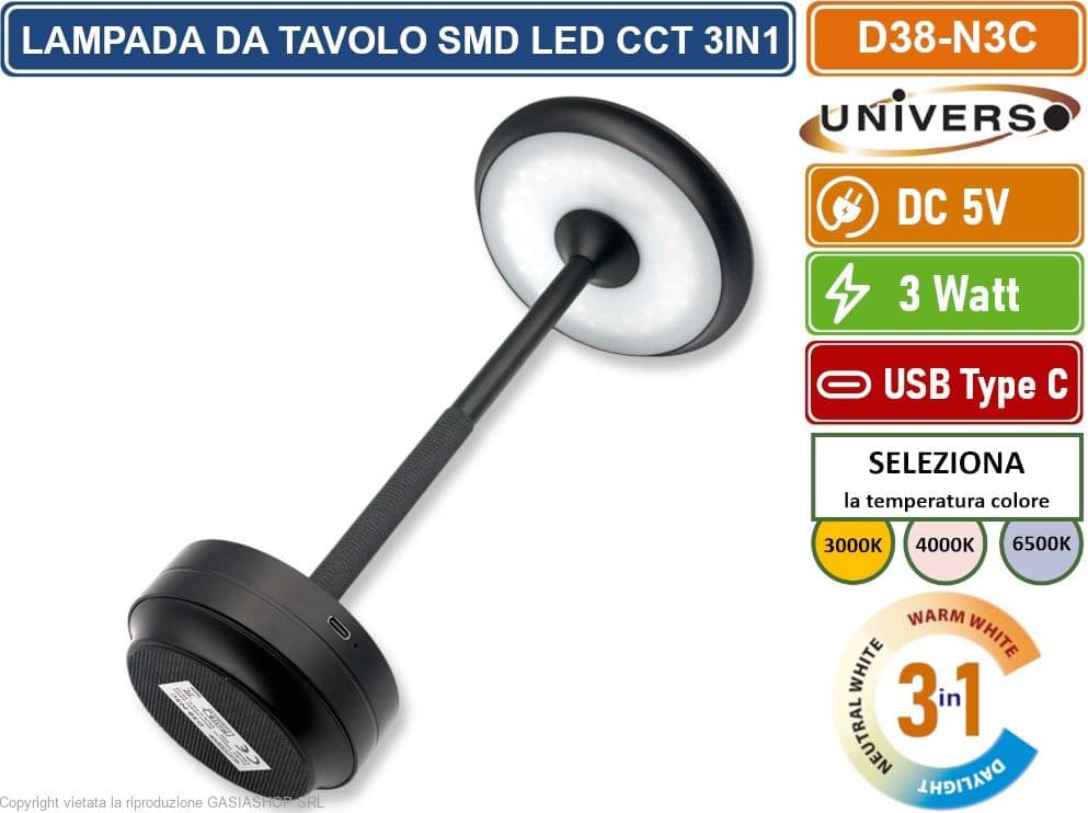 UNIVERSO D38-N3C LAMPADA DA TAVOLO 3W PORTABILE CON RICARICA USB CCT SELEZIONE COLORE LUCE - 5