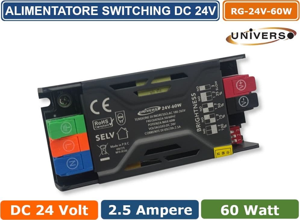 UNIVERSO RG-24V-60W ALIMENTATORE SWITCHING DIMMER CON REGOLAZIONE LUMINOSITA' DC 24V 2.5A 60W IP20 - 2