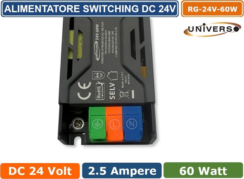 UNIVERSO RG-24V-60W ALIMENTATORE SWITCHING DIMMER CON REGOLAZIONE LUMINOSITA' DC 24V 2.5A 60W IP20 - 3