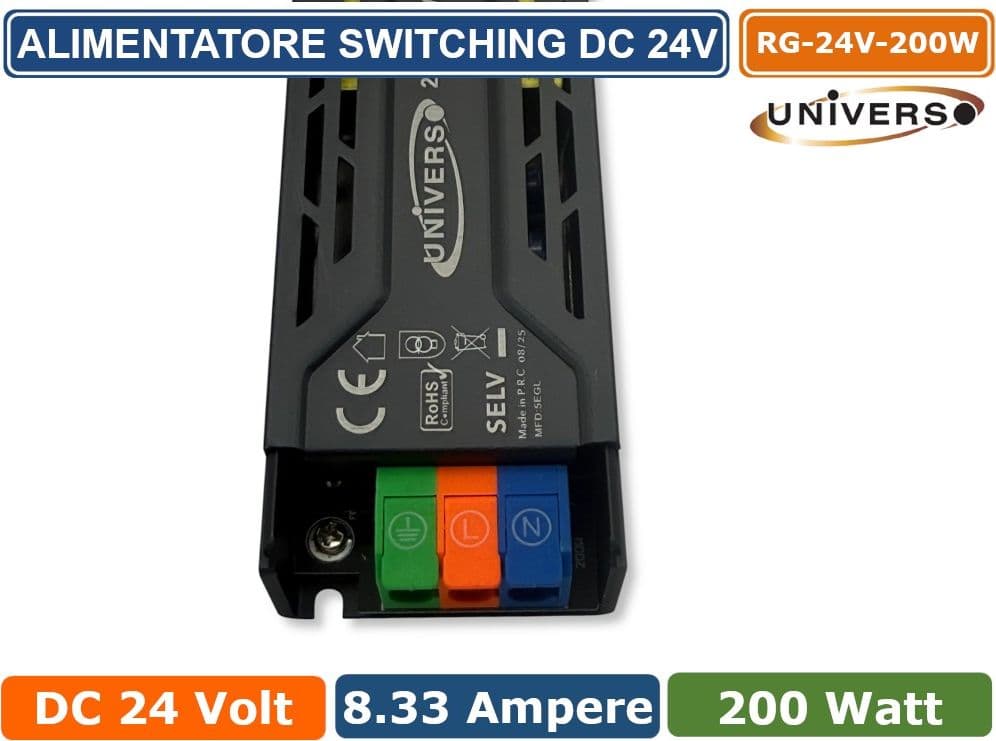 UNIVERSO RG-24V-200W ALIMENTATORE SWITCHING DIMMER CON REGOLAZIONE LUMINOSITA' DC 24V 8.33A 200W IP20 - 3