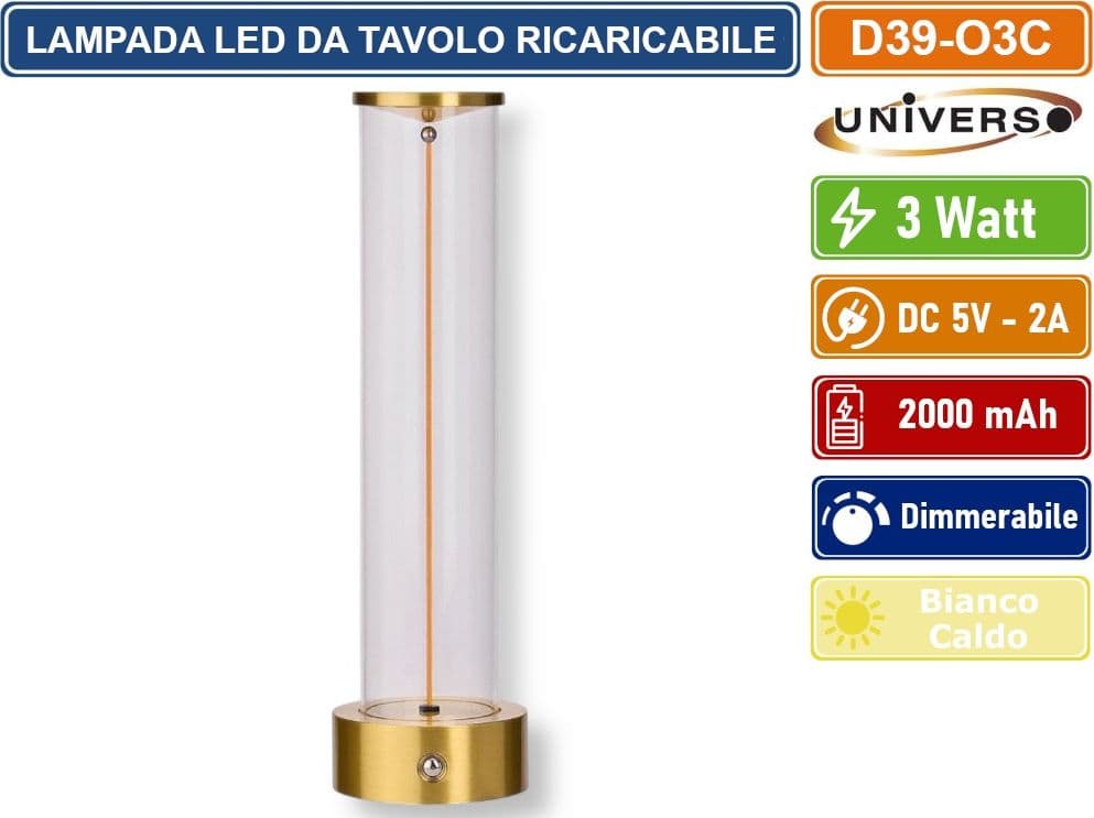 UNIVERSO D39-O3C LAMPADA DA TAVOLO LED RICARICABILE 3W CON FILO LUMINOSO MAGNETICO TOUCH – LUCE CALDA 2200K DECORATIVA PER BAR RISTORANTI - 2