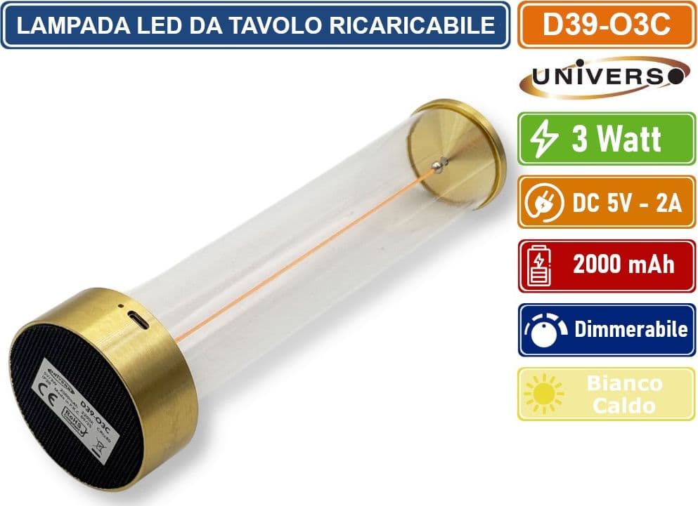 UNIVERSO D39-O3C LAMPADA DA TAVOLO LED RICARICABILE 3W CON FILO LUMINOSO MAGNETICO TOUCH – LUCE CALDA 2200K DECORATIVA PER BAR RISTORANTI - 3