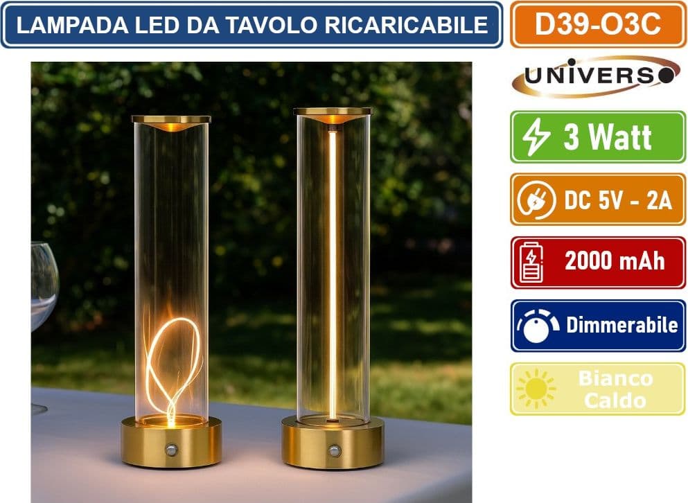 UNIVERSO D39-O3C LAMPADA DA TAVOLO LED RICARICABILE 3W CON FILO LUMINOSO MAGNETICO TOUCH – LUCE CALDA 2200K DECORATIVA PER BAR RISTORANTI - 4